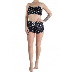 Pijama Dama , 2 Piese ,Maiou Scurt Si Pantaloni Scurti Din Satin Negru